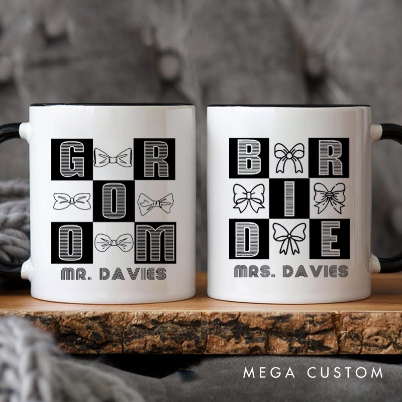 Personalized Chic Bow-Themed Bride and Groom Matching Wedding Couple Mugs