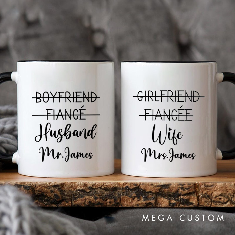 Personalized Playful Relationship Upgrade Husband and Wife Newlyweds Wedding Couple Mugs