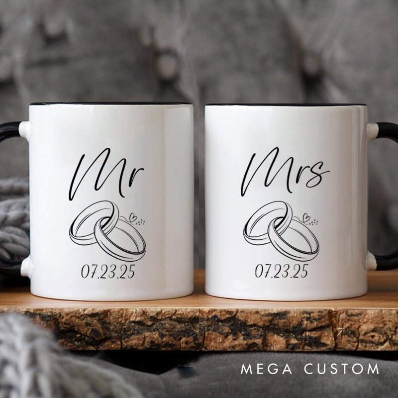 Personalized Minimalist Mr and Mrs with Rings and Heart Wedding Couple Mugs