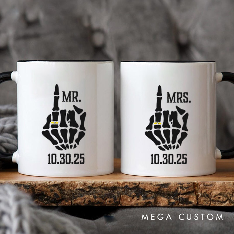 Personalized Funny Gesture Skeleton Mr and Mrs Matching Wedding Couple Mugs