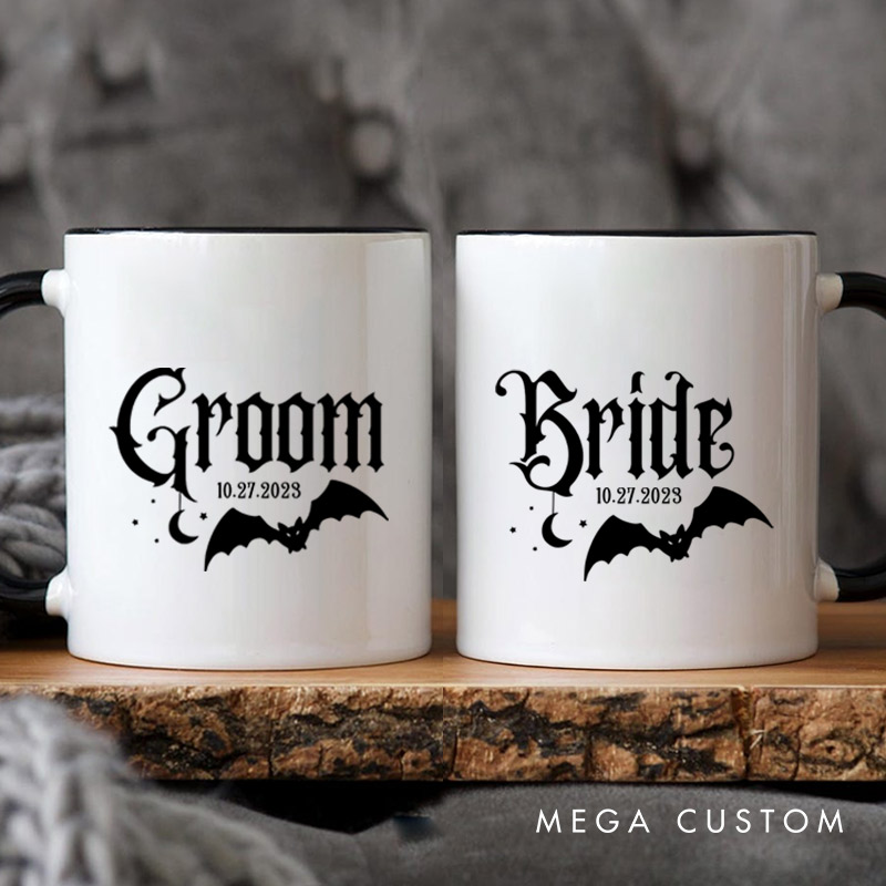 Personalized Halloween Gothic Bride and Groom with Bat and Moon Matching Wedding Couple Mugs