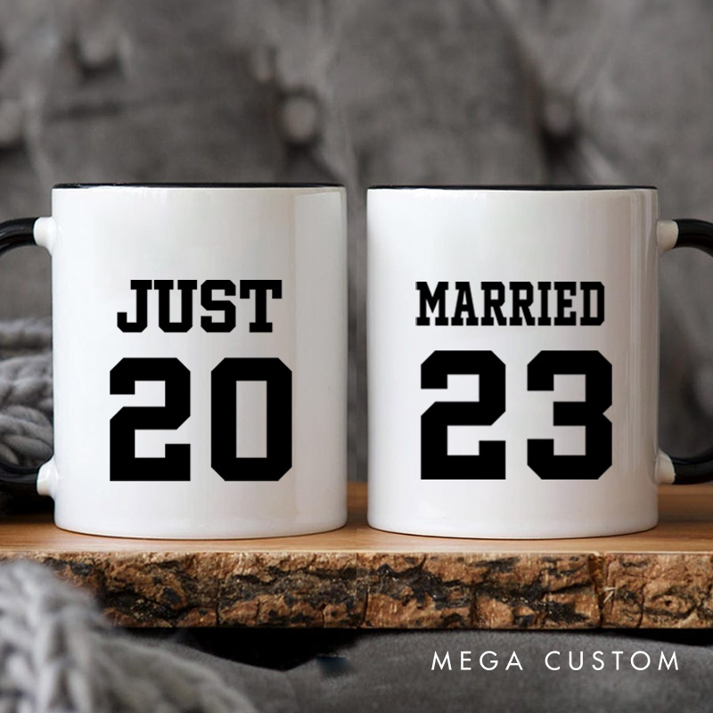 Personalized Bold Sports-Inspired Just Married Matching Wedding Couple Mugs