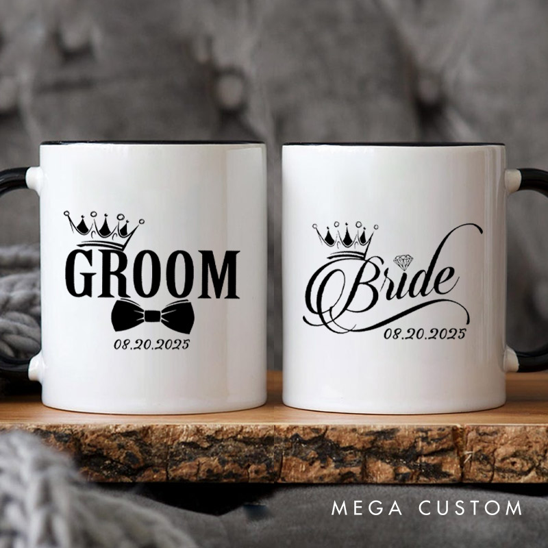 Personalized Regal Bride and Groom with Crowns and Date Matching Wedding Couple Mugs