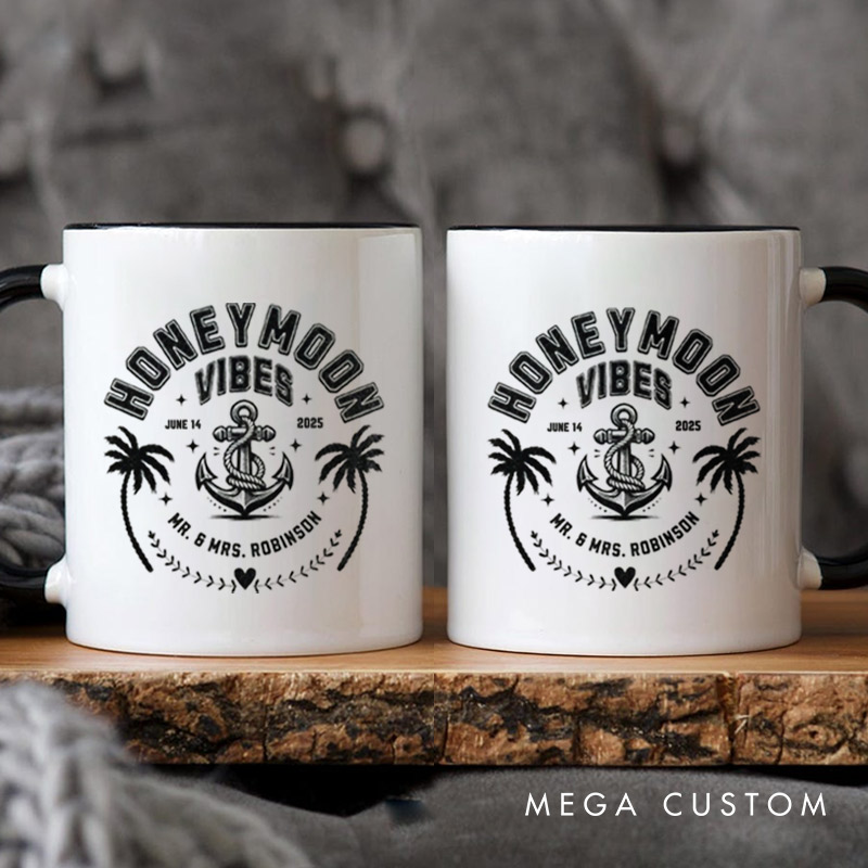 Personalized Nautical Honeymoon Vibes with Anchor and Palm Trees Matching Honeymoon Couple Mugs