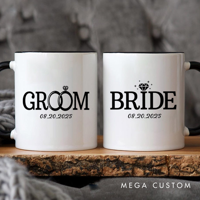 Personalized Elegant Bride and Groom with Rings Matching Wedding Couple Mugs