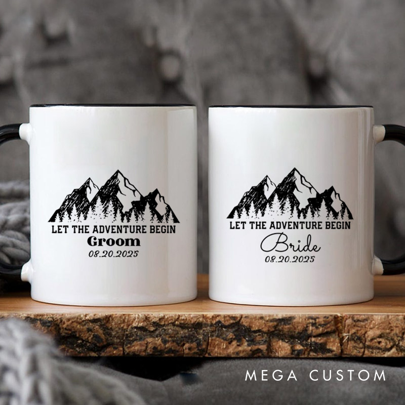 Personalized Rustic Line Mountains Let The Adventure Begin Bride and Groom Matching Wedding Couple Mugs