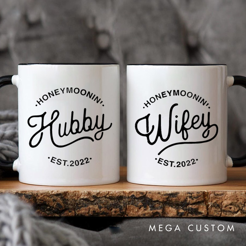 Personalized Chic Honeymoon' Wifey and Hubby Matching Honeymoon Couple Mugs