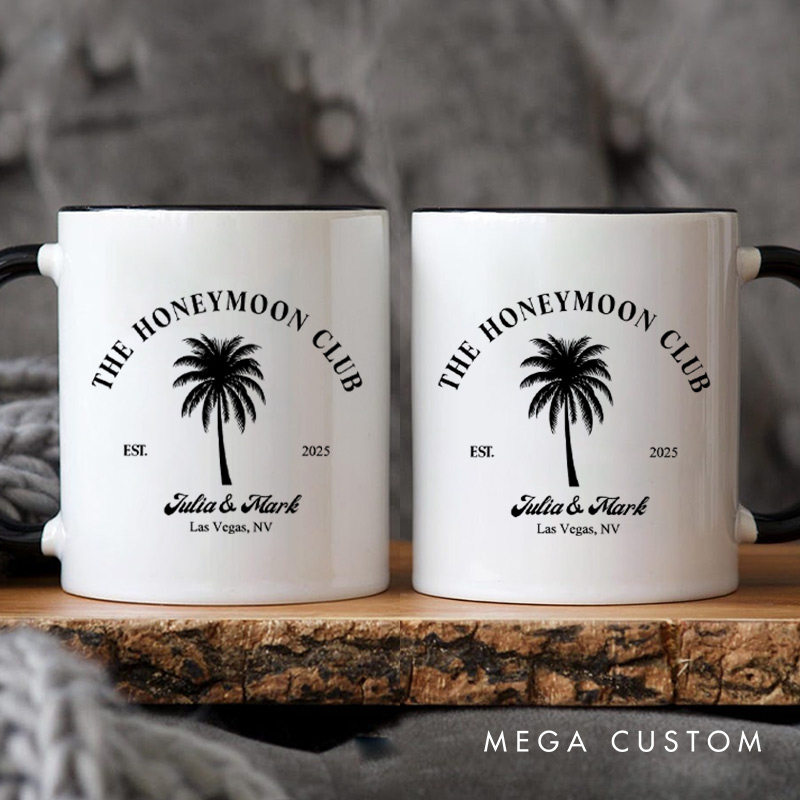 Personalized Tropical The Honeymoon Club with Palm Tree Matching Honeymoon Couple Mugs