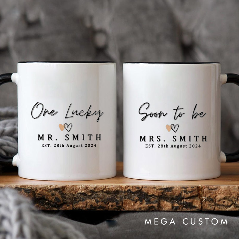 Personalized Romantic Soon To Be Mrs and One Lucky Mr with Hearts Matching Engagement Couple Mugs