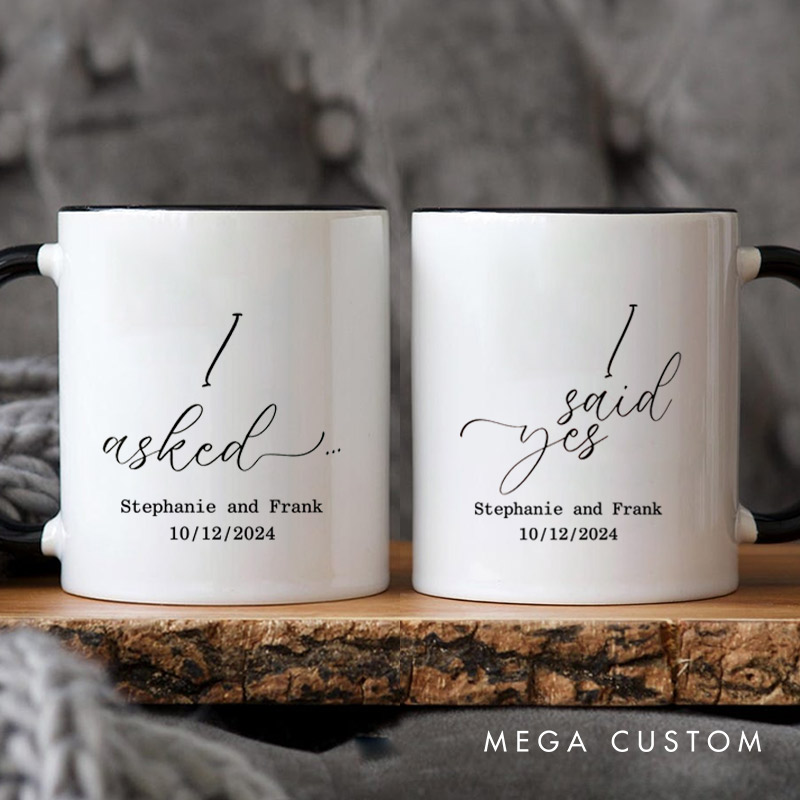 Personalized Minimalist I Asked and I Said Yes Engagement Announcement Matching Engagement Couple Mugs