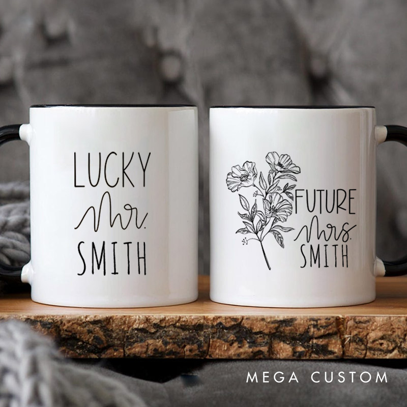 Personalized Floral Future Mrs and Lucky Mr Engagement Couple Mugs