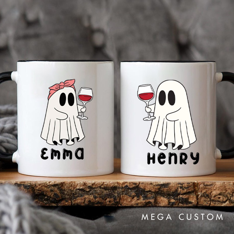 Personalized Cute Couple Ghosts with Wine Glasses Halloween Couple Mugs 
