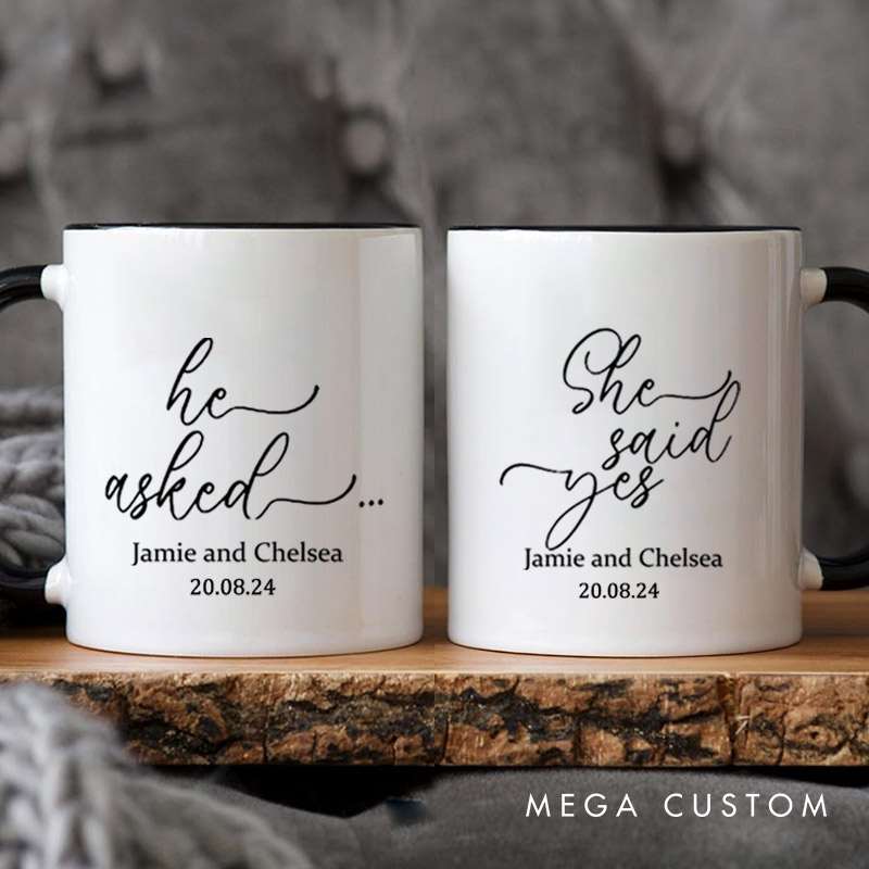 Personalized He Asked and She Said Yes Engagement Couple Mugs