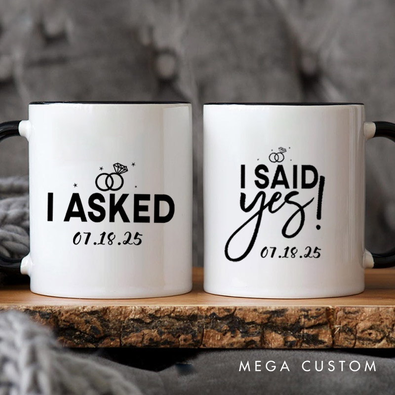 Personalized Elegant I Asked and I Said Yes Engagement Announcement with Rings Engagement Couple Mugs