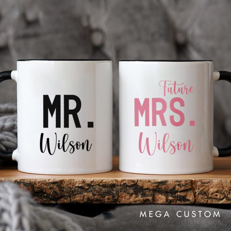 Personalized Modern Mr and Future Mrs Engagement Couple Mugs