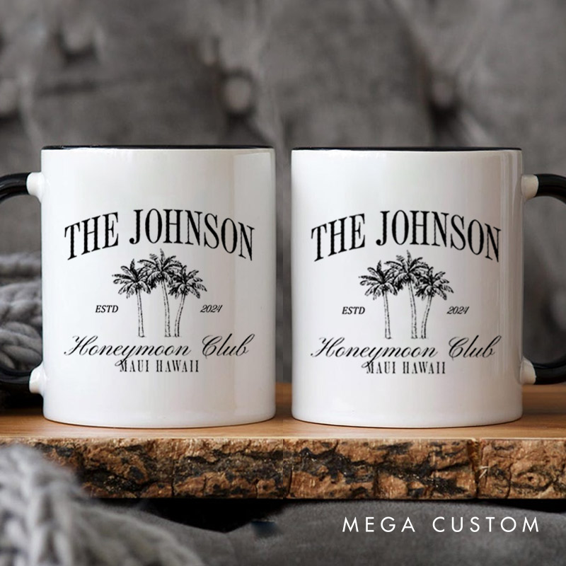 Personalized Classic Honeymoon Club with Palm Trees Matching Honeymoon Couple Mugs