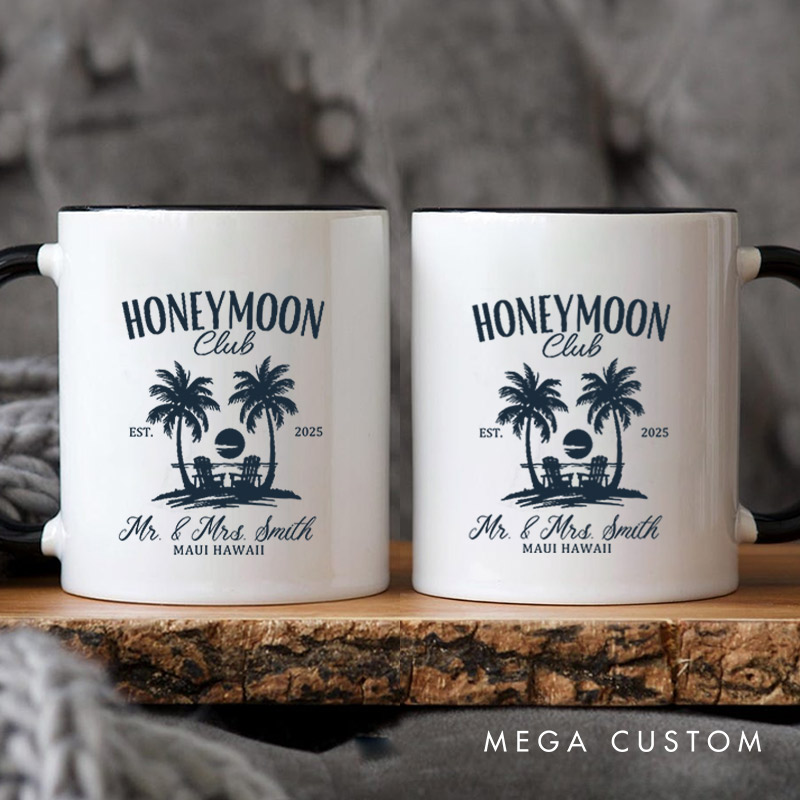 Personalized Vintage Tropical Honeymoon Club with Sunset Matching Honeymoon Couple Mugs