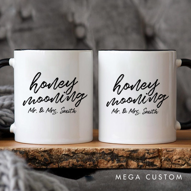 Personalized Minimalist Honeymooning with Name Matching Honeymoon Couple Mugs