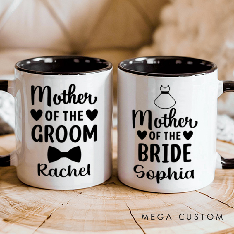 Personalized Mother of the Bride Mug Mother of the Groom Mug Bow Tie and Dress Mug Bachelorette Party Mug MOG MOB Gift Wedding Mug
