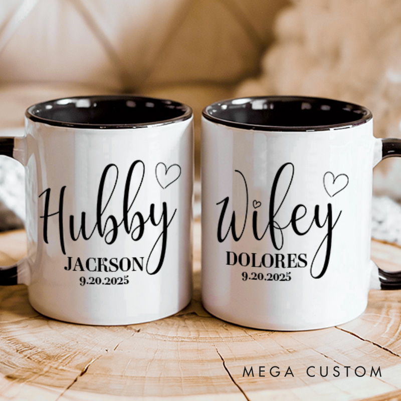 Personalized Couple Hubby and Wifey with Heart Mug Custom Couple Name and Date Mug Valentine's Day Mug for Husband Wife Hubby Wifey