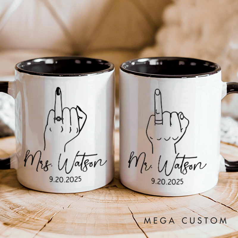 Personalized Couple Wedding Mr. and Mrs. with Line Hand Mug Custom Minimalist Engagement Mug Valentine's Day Mug for Husband Wife Hubby Wifey