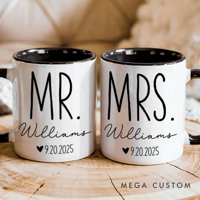 Personalized Couple Classic Mr. and Mrs. Mug with Name and Date Newlywed Mug for Her Him Valentine's Day Mug for Husband Wife Hubby Wifey