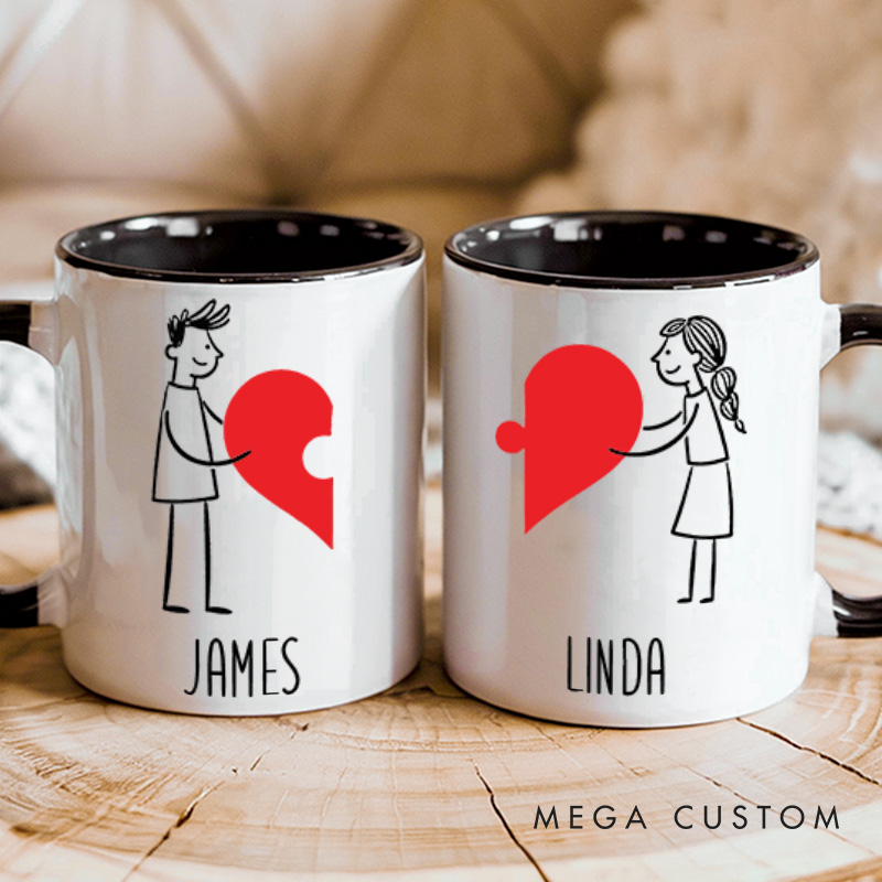 Personalized Couple Heart Puzzle Mug Custom Couple Name Coffee Mug Valentine's Day Mug for Husband Wife Boyfriend Girlfriend