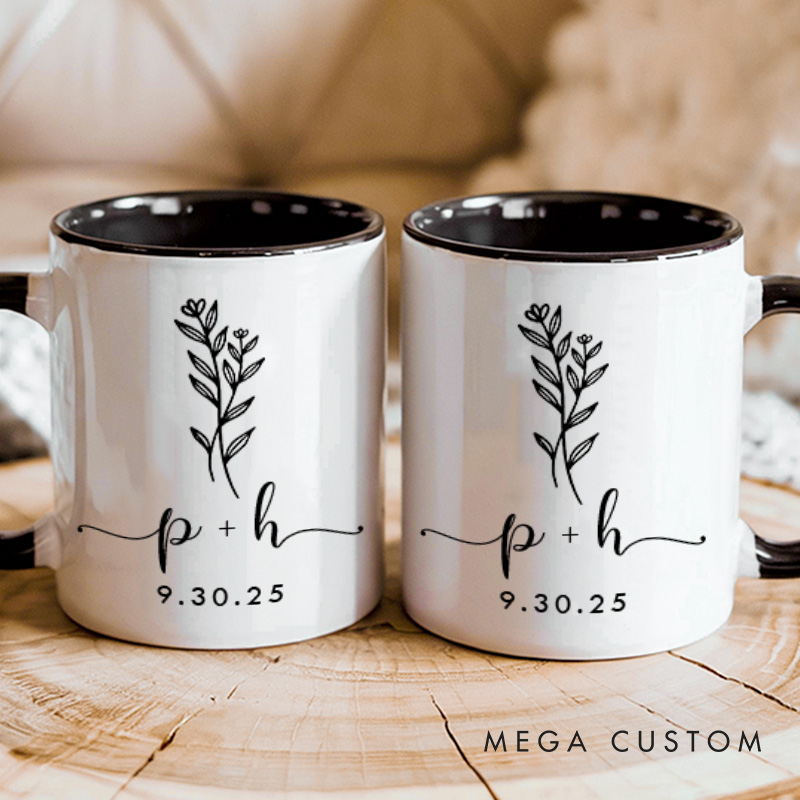 Personalized Couple Minimalist Floral Mug with Initials Custom Couple Coffee Mug with Date Valentine's Day Mug for Husband Wife Boyfriend Girlfriend
