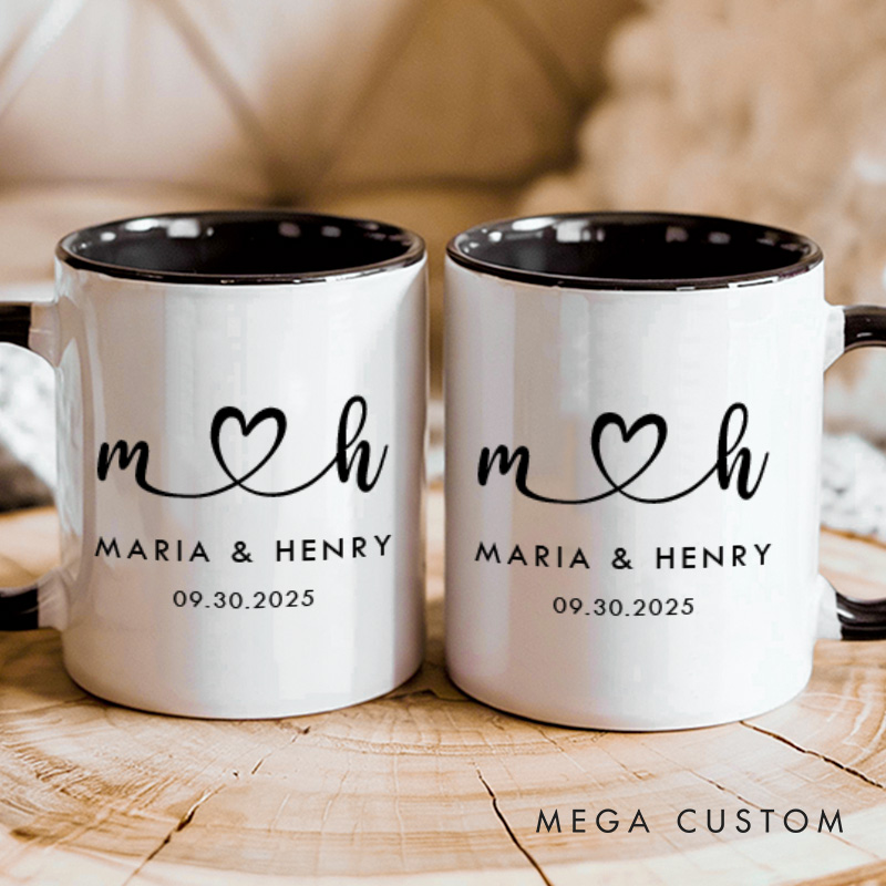 Personalized Couple Initials Heart Mug Custom Couple Name Coffee Mug with Date Valentine's Day Mug for Husband Wife Boyfriend Girlfriend