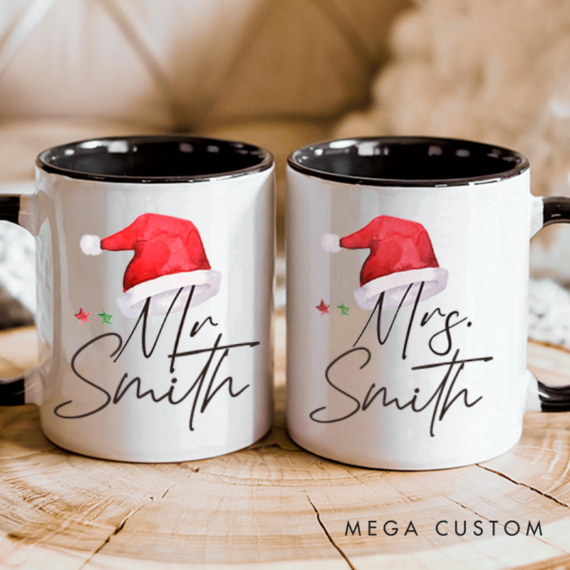 Personalized Couple Mr. and Mrs. with Christmas Hat Mug Custom Couple Xmas Coffee Mug with Name Christmas Mug for Husband Wife Hubby Wifey