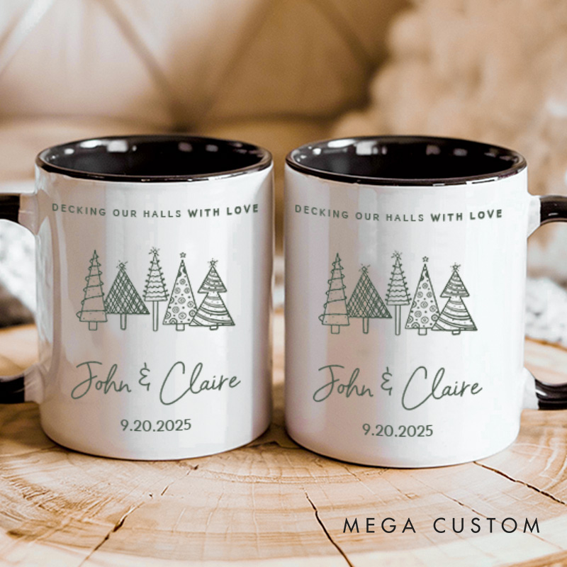 Personalized Couple Decking Our Halls with Love Christmas Mug Custom Couple Name Xmas Tree Coffee Mug for Husband Wife Boyfriend Girlfriend