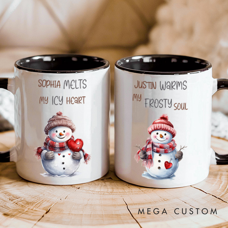 Personalized Couple She Melts My Icy Heart and He Warms My Frosty Soul Christmas Mug Couple Name Xmas Coffee Mug for Husband Wife Boyfriend Girlfriend