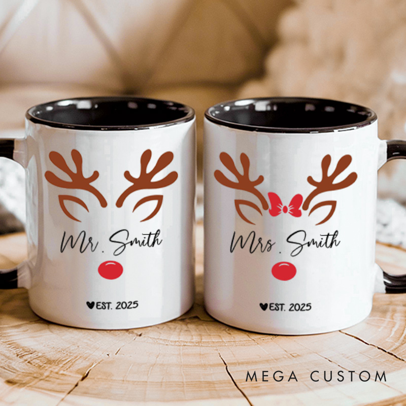 Personalized Couple Mr. and Mrs. with antler Christmas Mug Custom Couple Name Xmas Coffee Mug Christmas Mug for Husband Wife Boyfriend Girlfriend