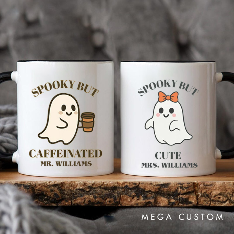Personalized Spooky but Caffeinated and Spooky but Cute Ghost Halloween Couple Mugs 