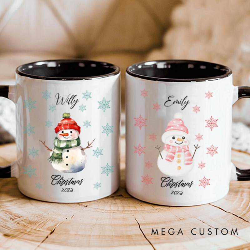 Personalized Couple Cute Christmas Snowman Mug Custom Couple Name Xmas Snowflake Coffee Mug Christmas Mug for Husband Wife Boyfriend Girlfriend