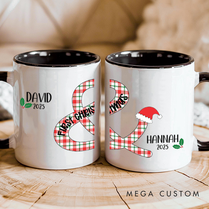 Personalized Couple Plaid with Christmas Hat Mug Custom Couple Name Xmas Coffee Mug Christmas Mug for Husband Wife Boyfriend Girlfriend