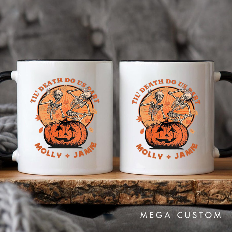 Personalized Til Death Do Us Part Pumpkin Skeleton Couple Halloween Couple Mugs 