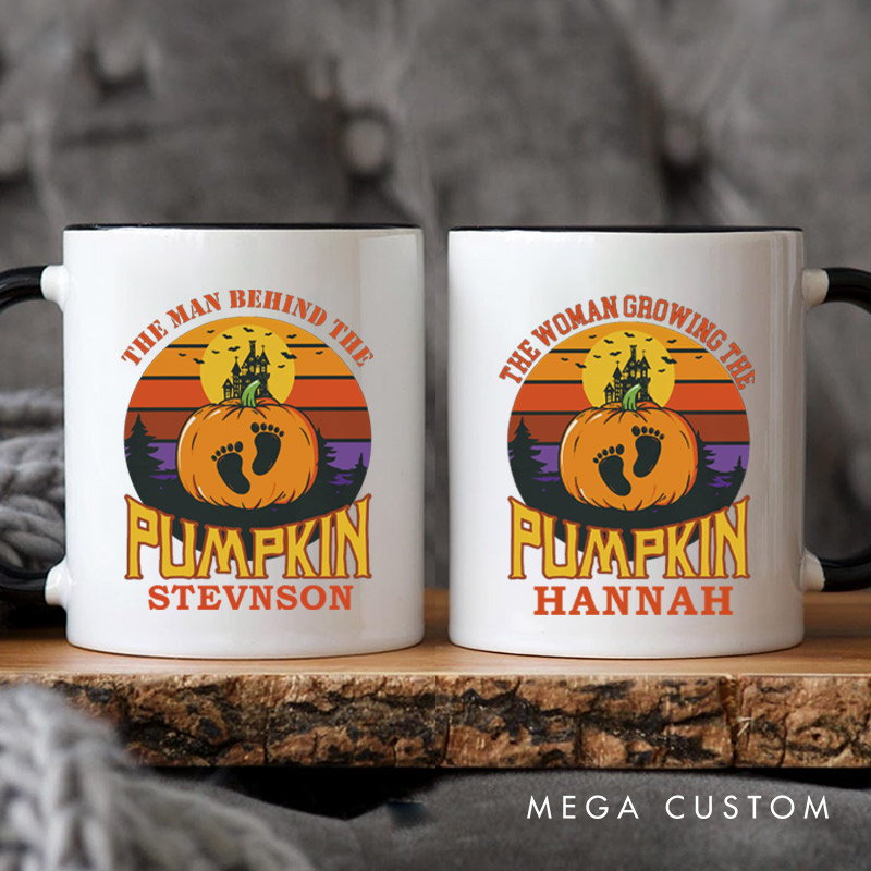 Personalized The Man Behind the Pumpkin and The Woman Growing the Pumpkin Halloween Couple Mugs