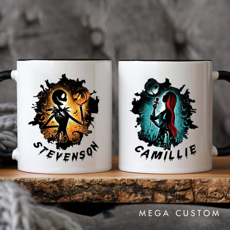 Personalized Halloween Couple Silhouette Design with Spooky Art Style Couple Mugs 