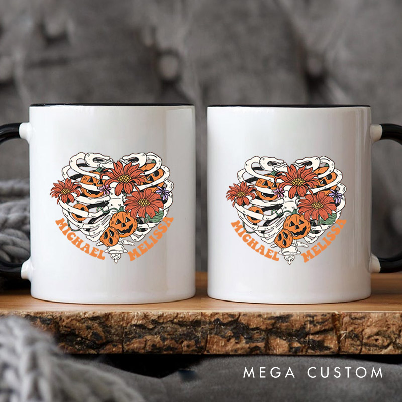 Personalized Floral Skeleton Ribcage with Pumpkins Halloween Couple Mugs