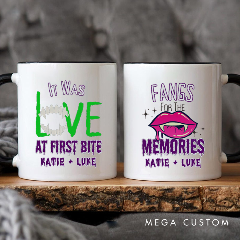 Personalized Love at First Bite & Fangs for the Memories Halloween Couple Mugs