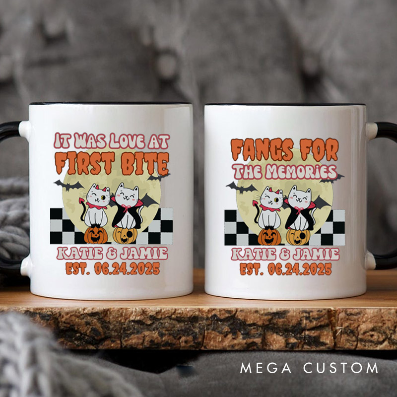 Personalized Love at First Bite and Fangs for the Memories Cat Couple Halloween Couple Mugs