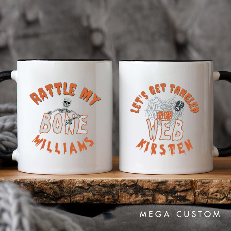 Personalized Rattle My Bone and Let's Get Tangled in My Web Halloween Couple Mugs