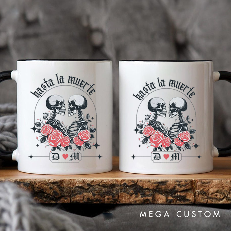 Personalized Hasta La Muerte Skeleton Couple with Roses Couple Mugs 