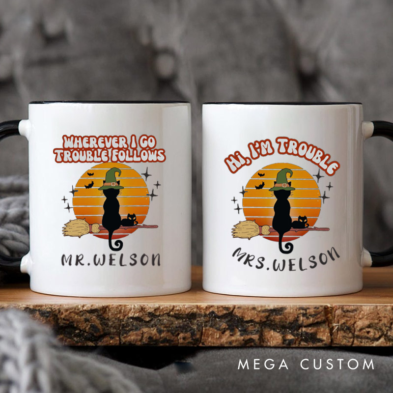 Personalized Trouble Follows Halloween Cat Couple Halloween Couple Mugs
