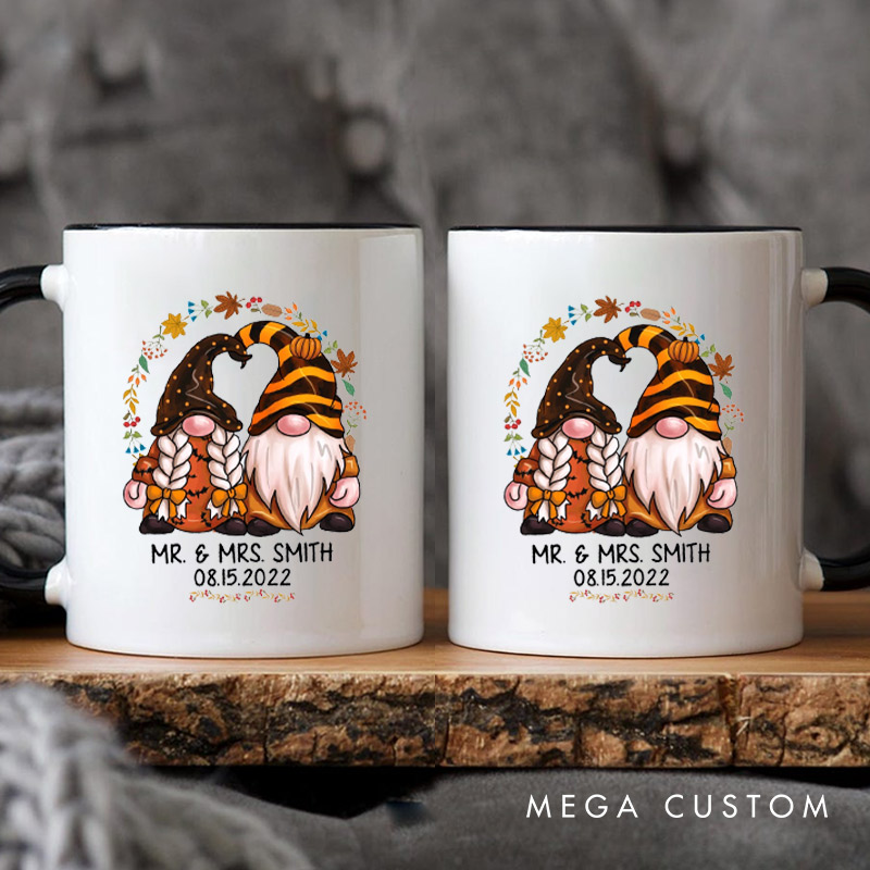 Personalized Mr and Mrs Autumn Gnome Couple Halloween Couple Mugs