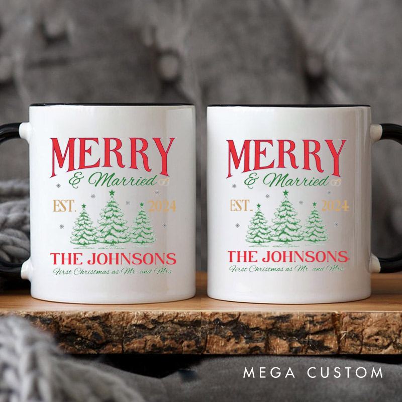 Personalized Joyful Merry and Married the First Christmas as Mr and Mrs Couple Mugs