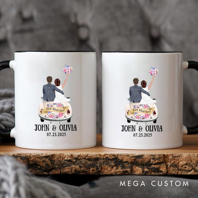 Personalized Romantic Just Married Getaway Car Wedding Couple Mugs