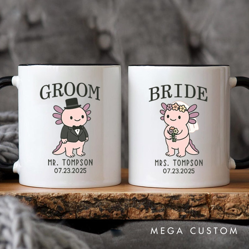 Personalized Cute Bride and Groom Axolotl Wedding Couple Mugs