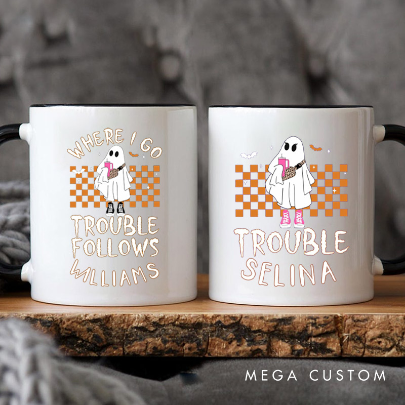 Personalized Where I Go Trouble Follows Ghost with Checkered Background Couple Mugs 
